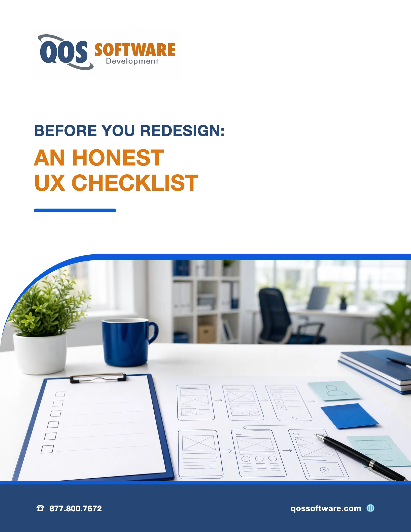 Cover of the QOS Software UX redesign checklist, Before You Redesign, an honest checklist for planning a UI/UX redesign