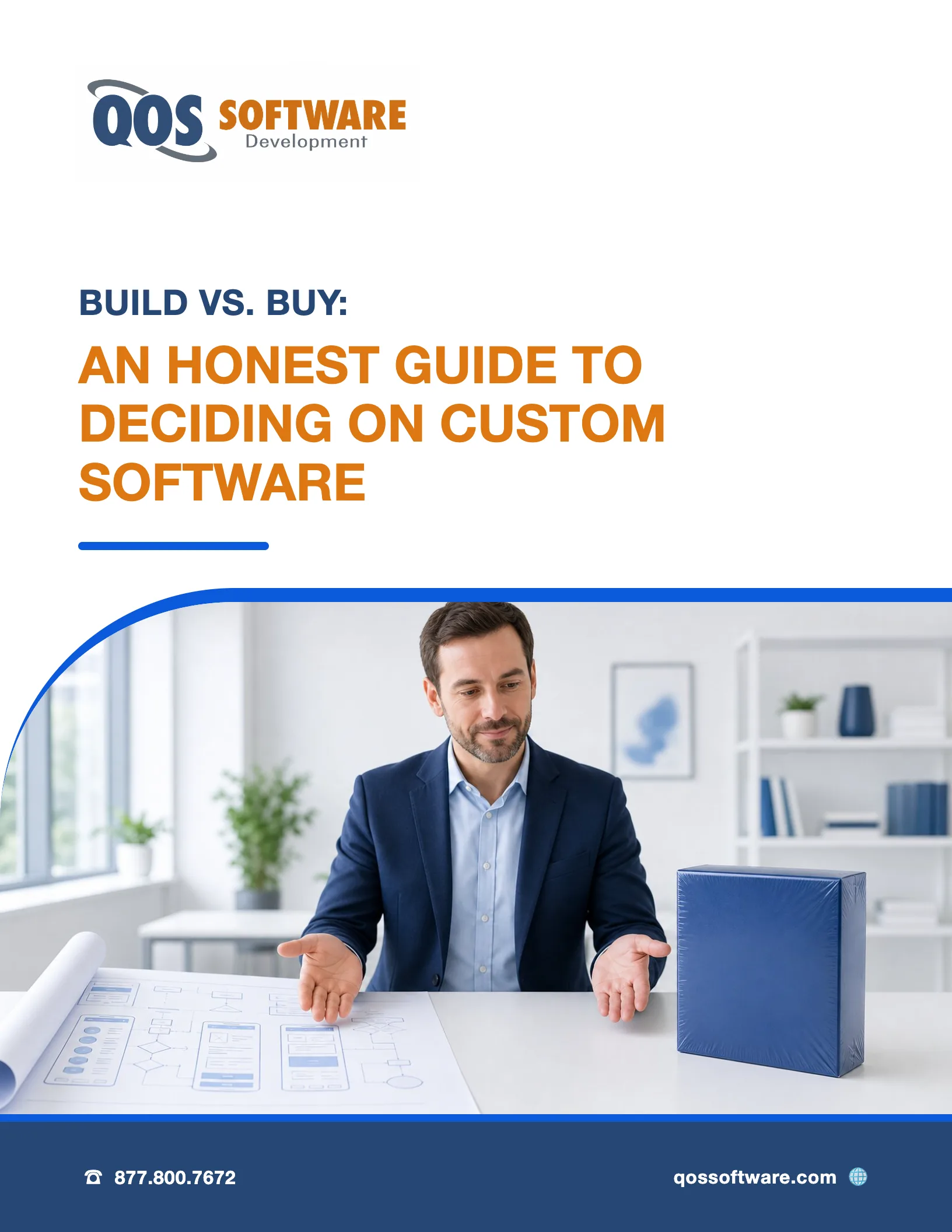 Cover of the QOS Software Build vs. Buy guide to deciding on custom software