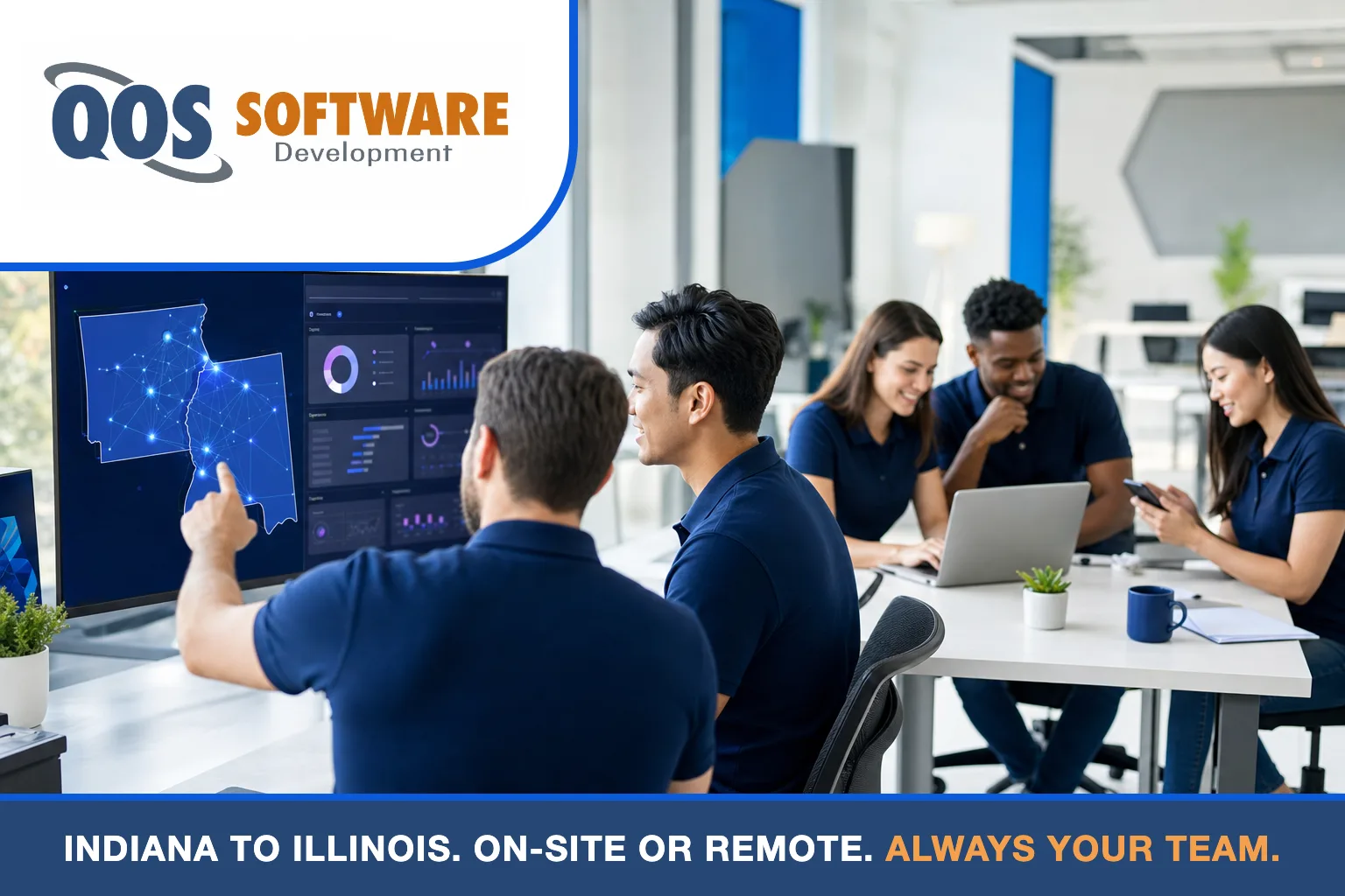 Five QOS Software developers in navy polos at a map of Indiana and Illinois service areas