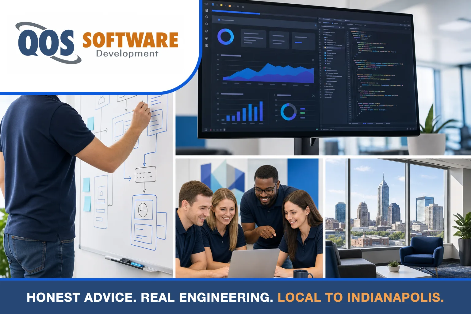 Four-panel image of a QOS Software development team planning, coding, and collaborating in Indianapolis