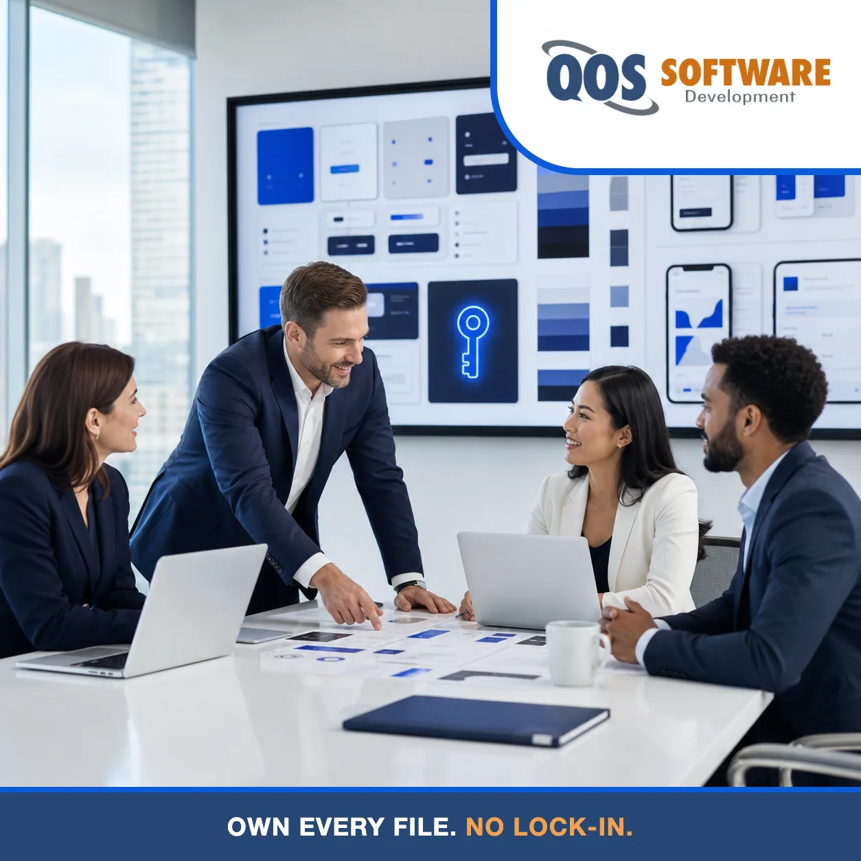 Business leaders reviewing a design system on a wall display, a component grid and style guide, with a glowing ownership key motif