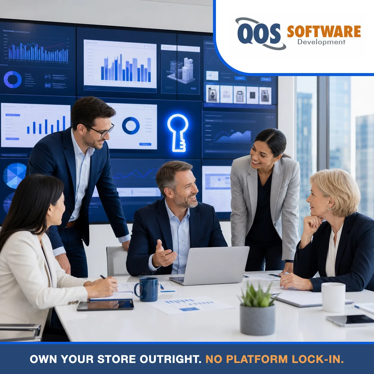 Business leaders reviewing online-store results on a wall of blue storefront analytics with a glowing ownership key motif