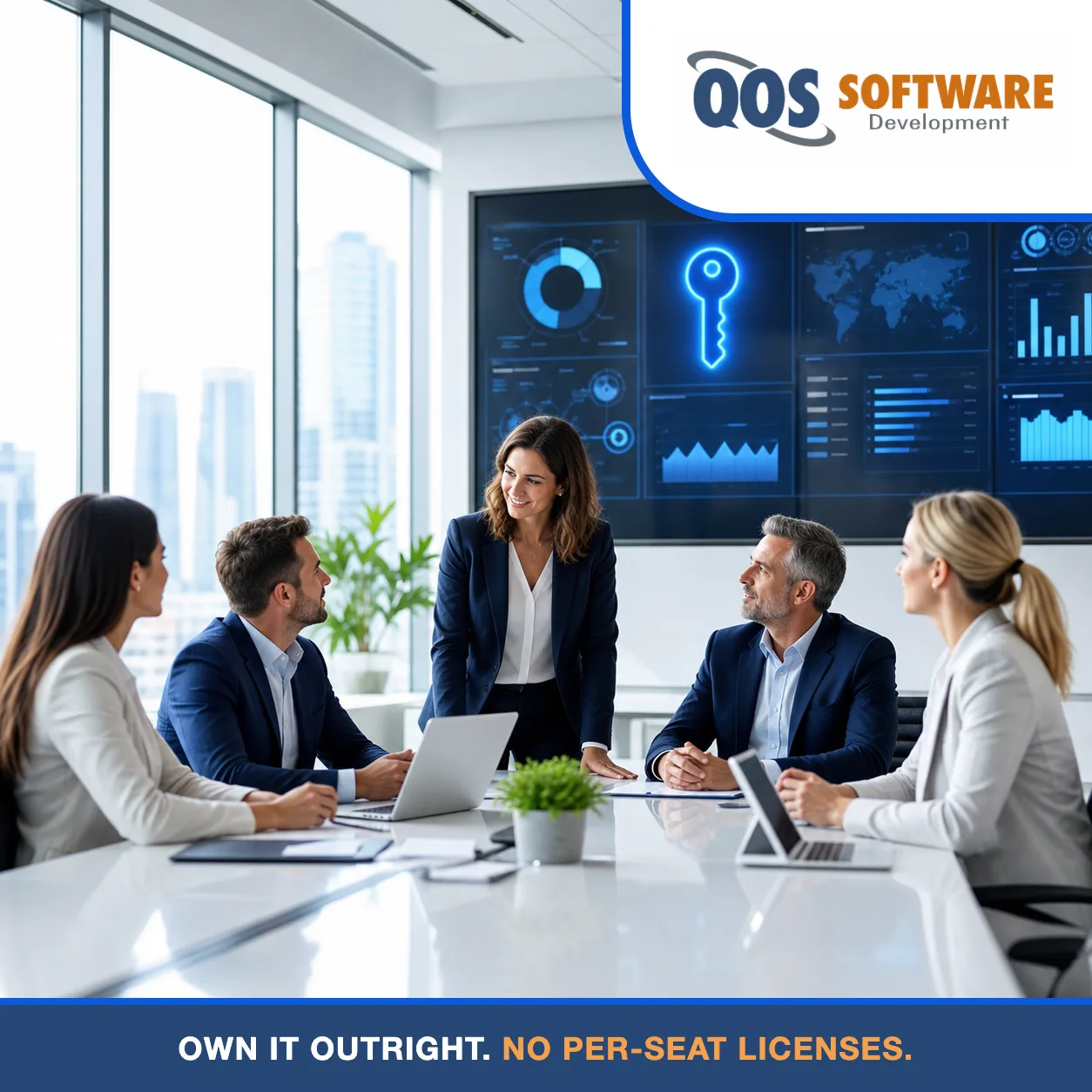 Business leaders reviewing enterprise results on a wall of blue analytics dashboards with a glowing ownership key motif