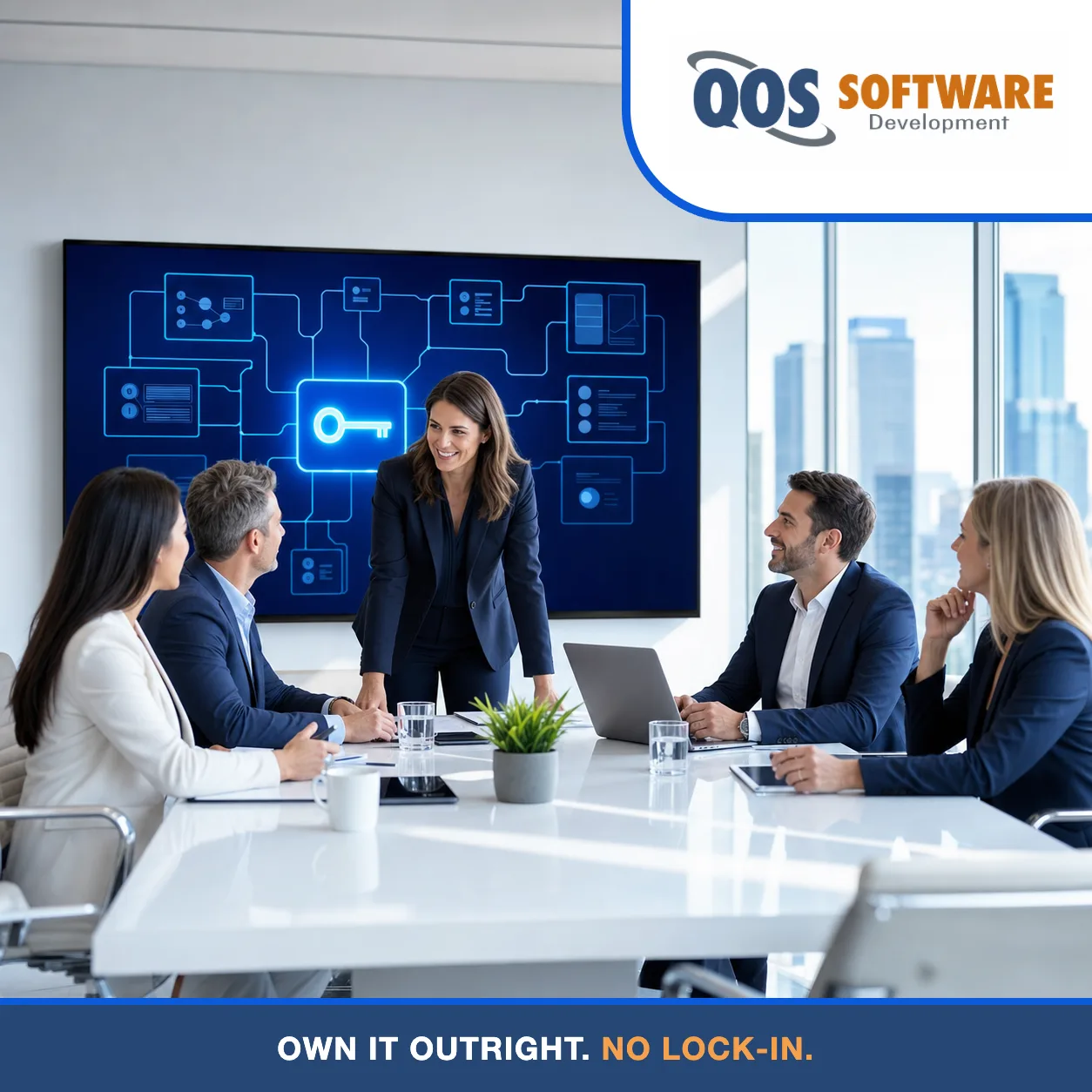 Business leaders reviewing a clean blue system-architecture diagram on a wall display with a glowing ownership key motif