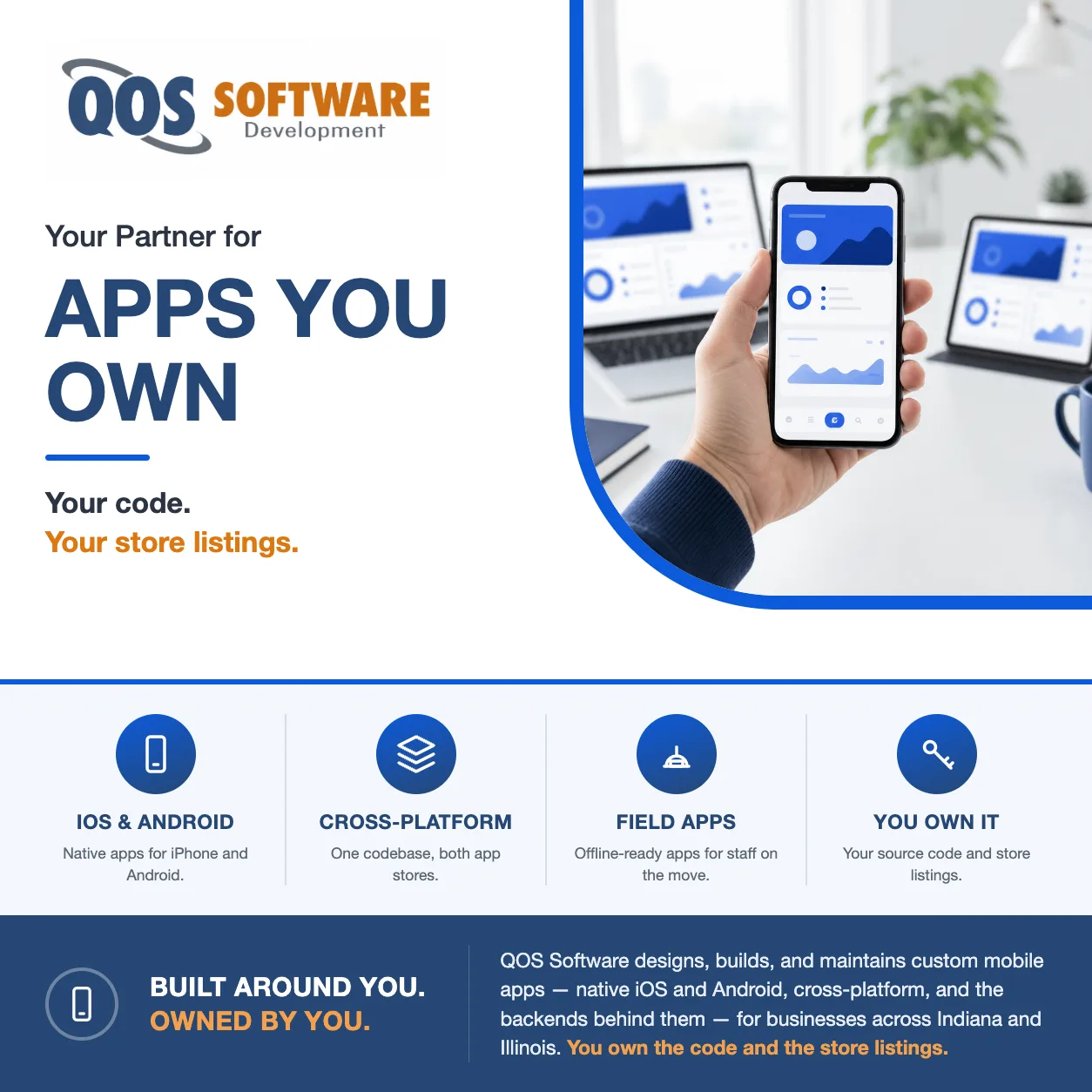 Hand holding a smartphone showing a stylized custom business app interface at a bright desk workspace