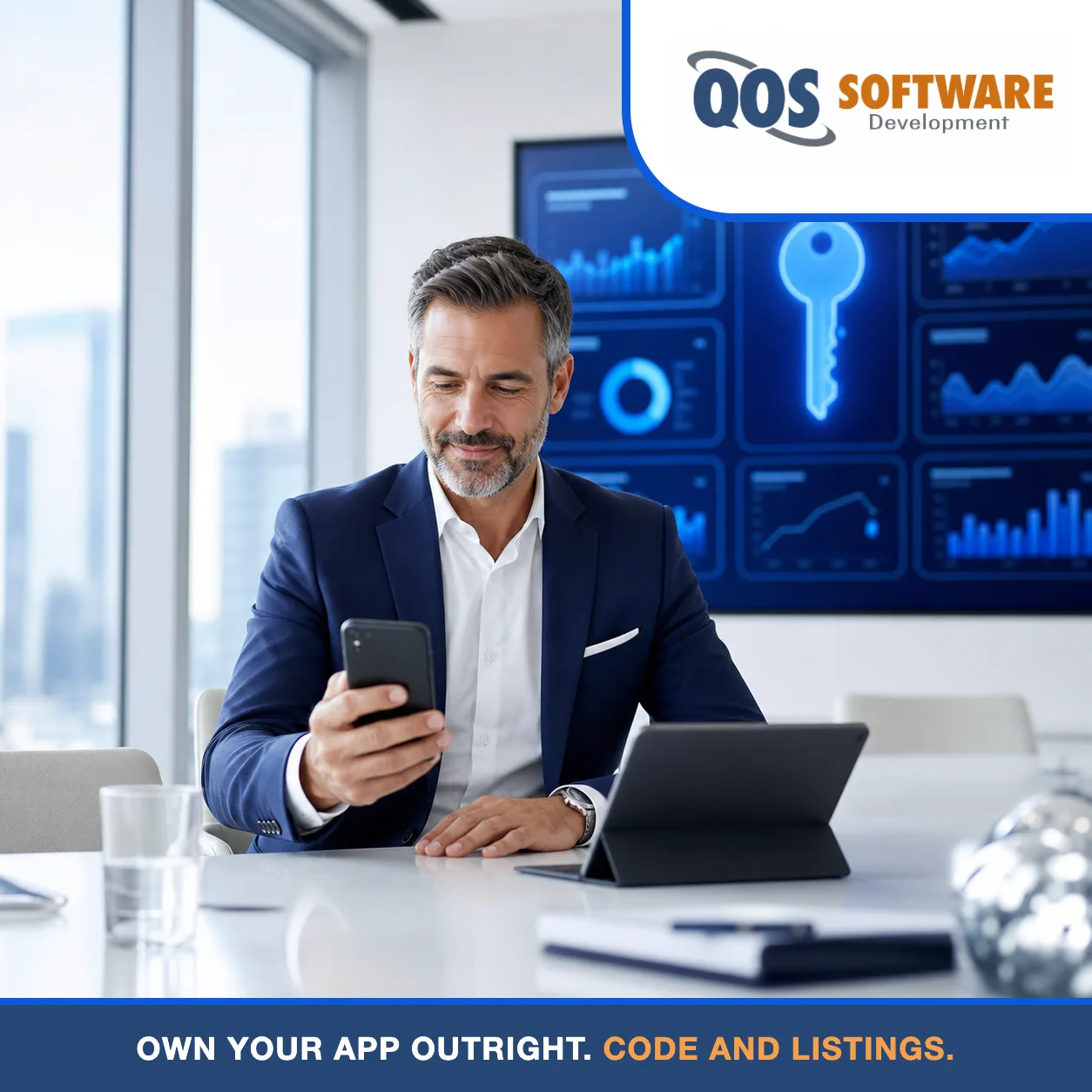 Business leaders reviewing a mobile app on a phone and tablet in a conference room with a glowing royal-blue ownership key motif