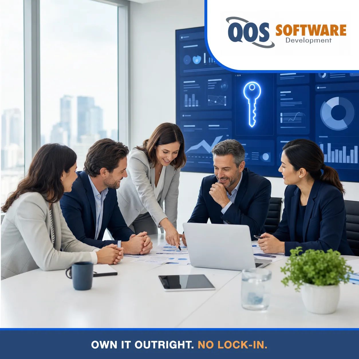 Business leaders reviewing web application results on a wall of blue dashboards with a glowing ownership key motif