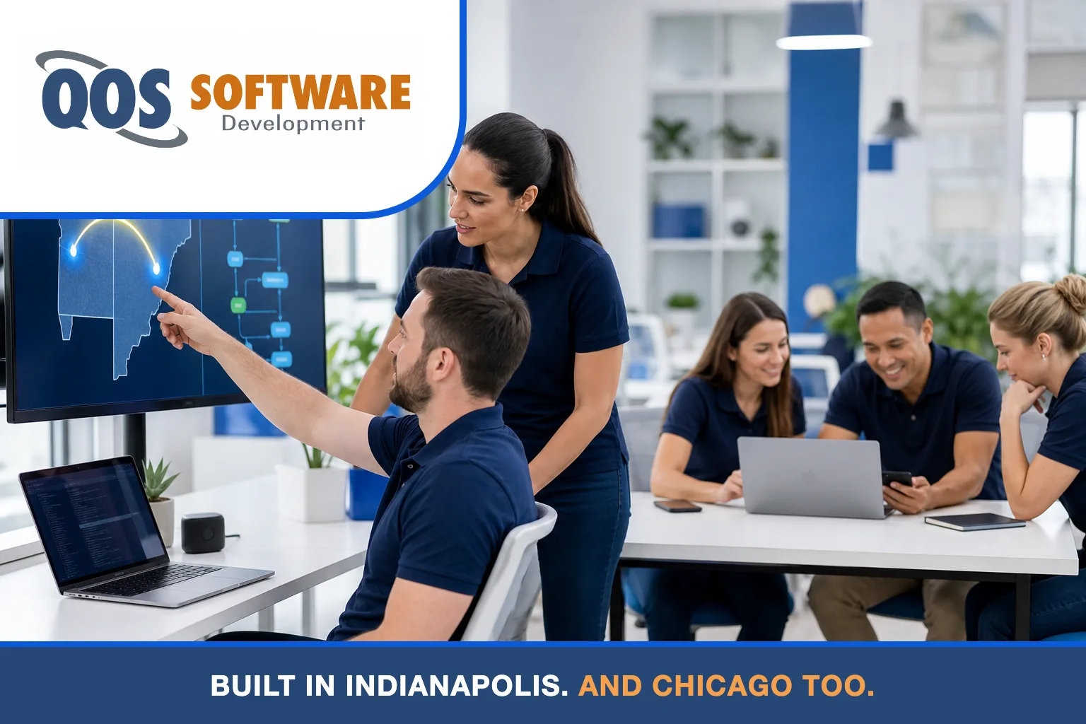 Five QOS Software developers in navy polos beside a dual-city Indianapolis and Chicago skyline map connected by an arc of light