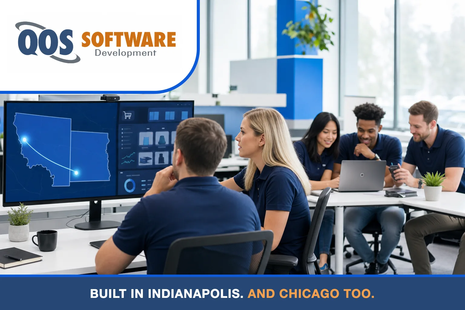 Five QOS Software developers in navy polos beside a dual-city Indianapolis and Chicago skyline map of the service area