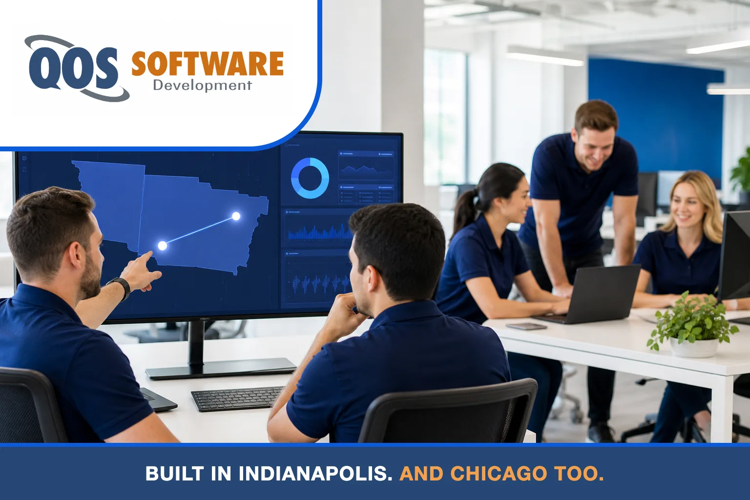 Five QOS Software developers in navy polos beside a dual-city Indianapolis and Chicago skyline map of the service area