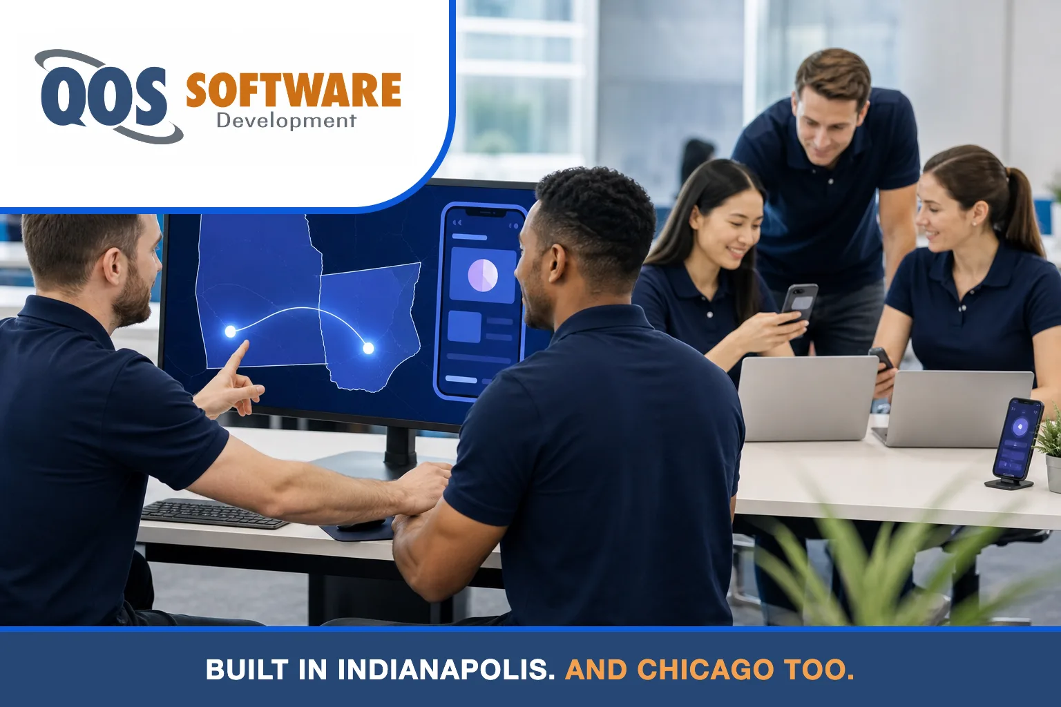 Five QOS Software developers in navy polos beside a dual-city Indianapolis and Chicago skyline motif with smartphone silhouettes