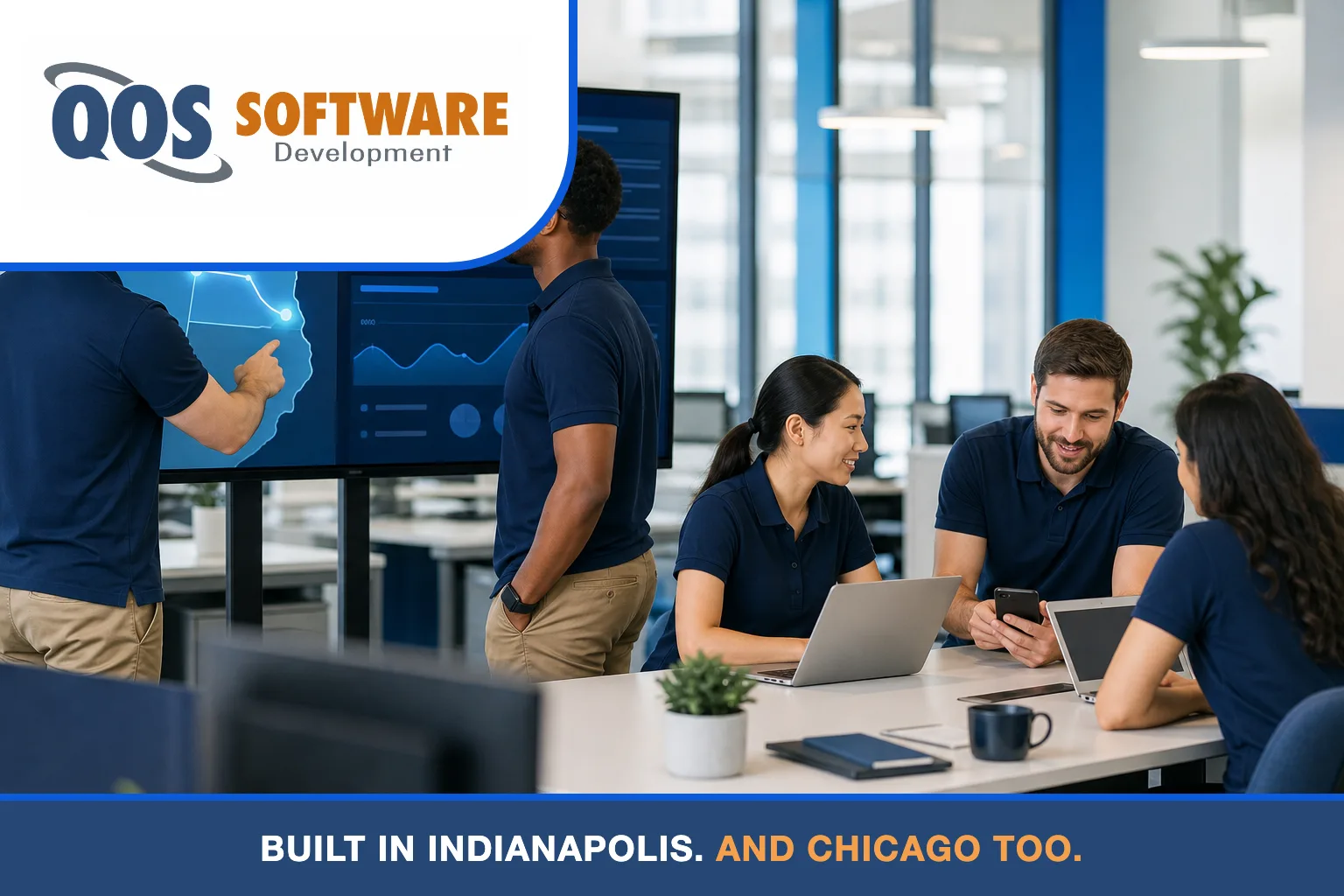Five QOS Software developers in navy polos beside a dual-city Indianapolis and Chicago skyline map of the service area