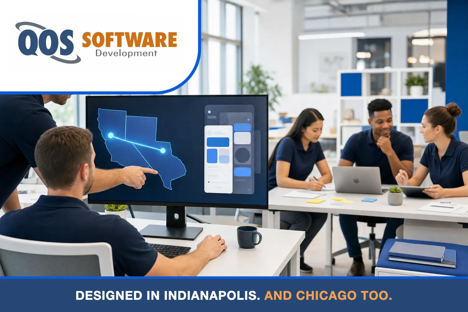 Five QOS Software designers in navy polos beside a dual-city Indianapolis and Chicago skyline motif with app interface screens