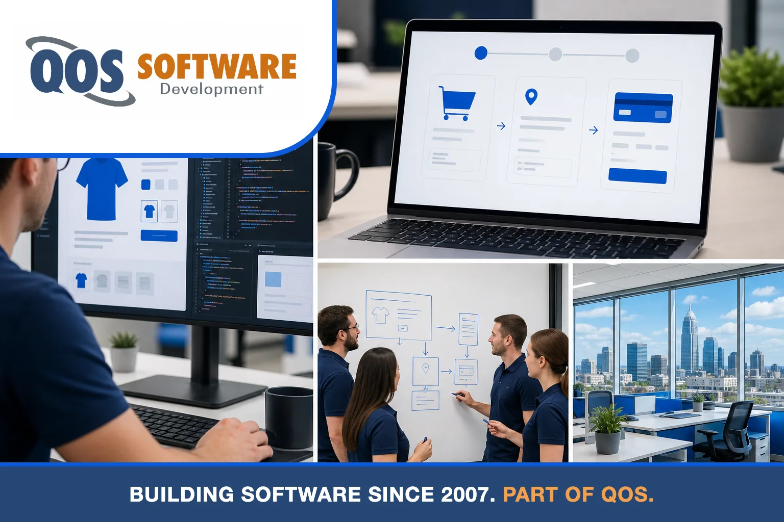 Four-panel image of a QOS Software e-commerce team building a storefront, reviewing a checkout flow, and collaborating in an Indianapolis office