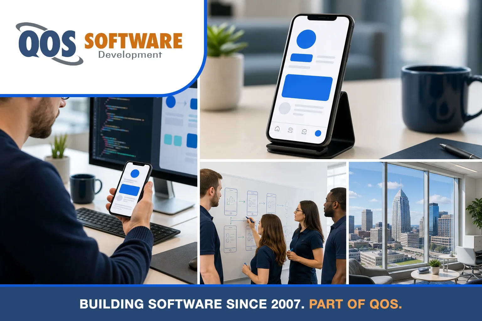 Four-panel image of a QOS Software mobile development team testing an app on a physical phone, reviewing code, and planning wireframes in an Indianapolis office