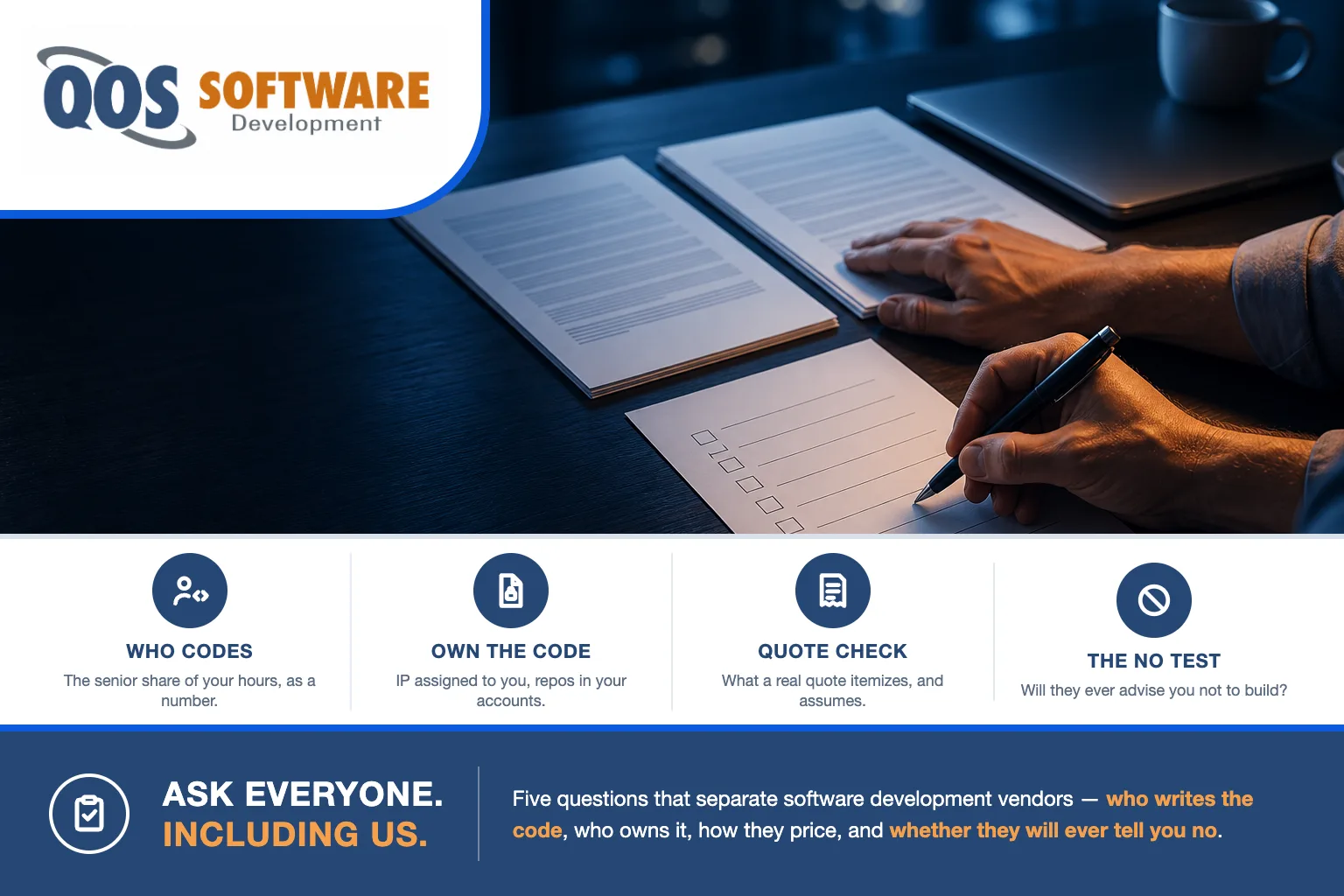 How to choose a software development company — a buyer comparing two development proposals against a printed vendor evaluation checklist.
