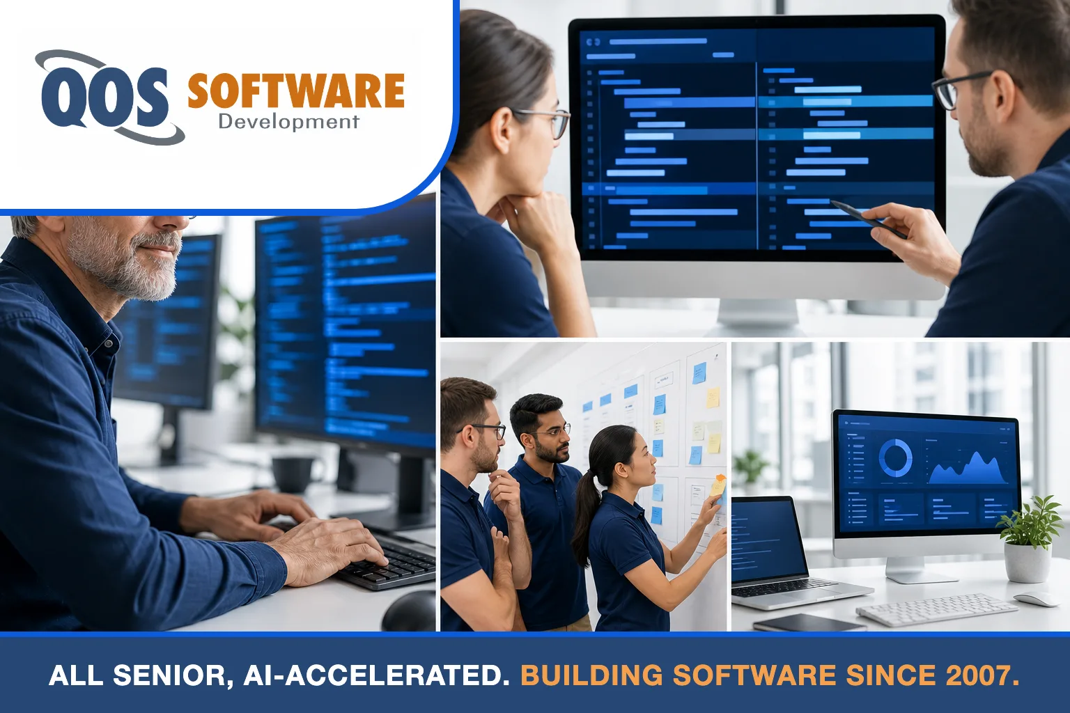 Four-panel grid of QOS Software's senior developers and code review at work