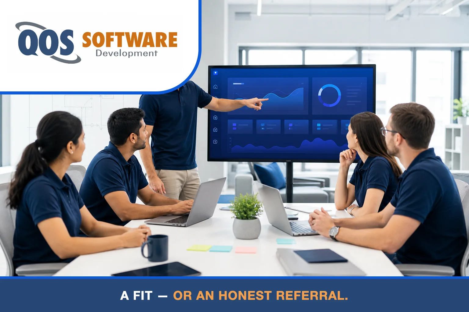 QOS Software developers collaborating around a custom application UI on a monitor