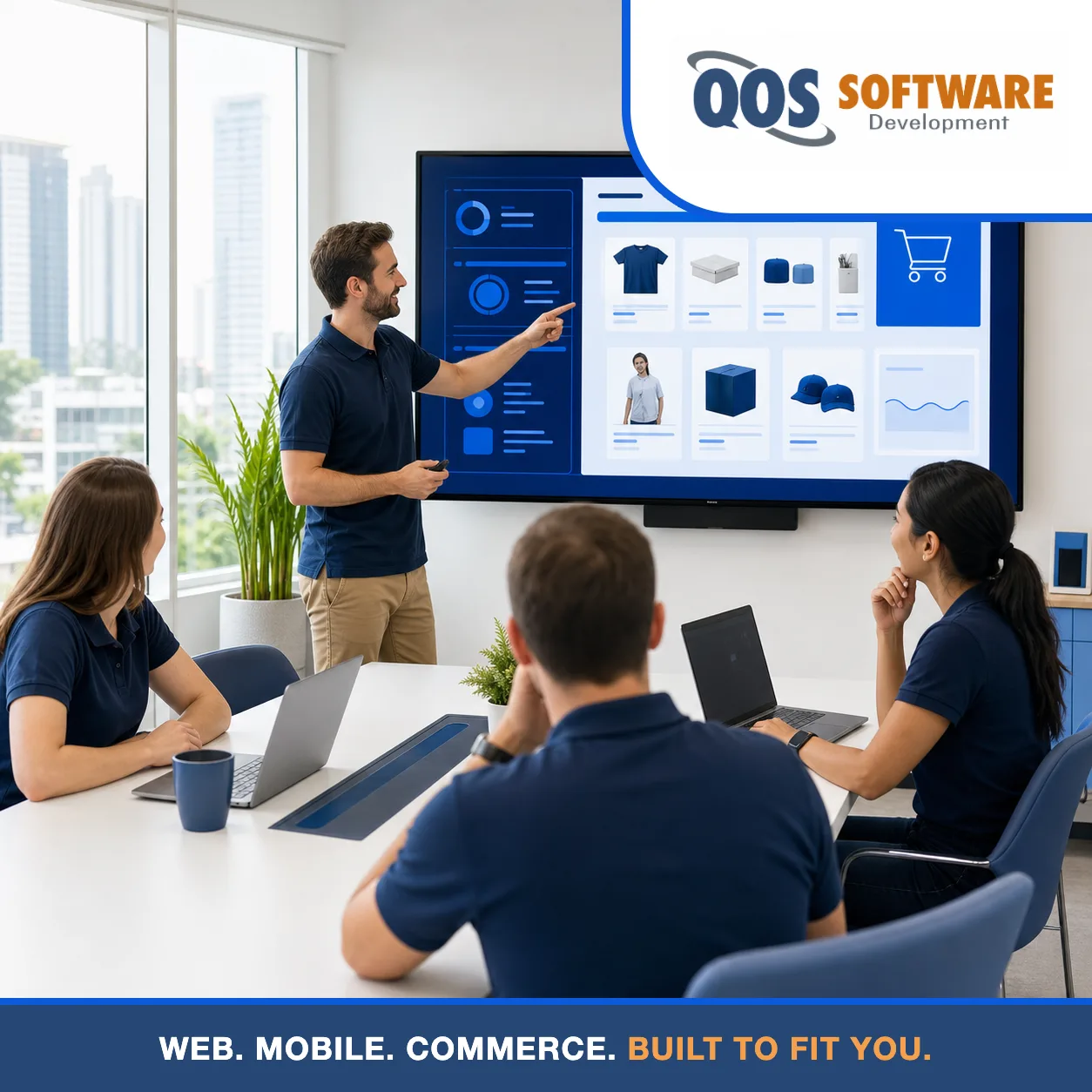 QOS Software team reviewing a web and e-commerce application on a wall display